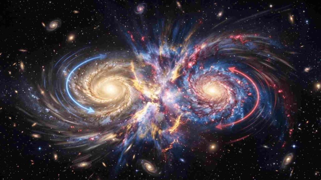 Artist's illustration of two early-universe galaxies colliding while rotating in opposite directions, reducing their combined angular momentum.