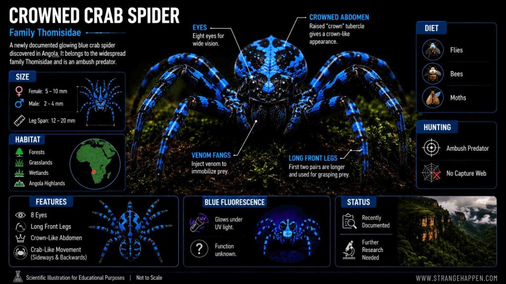 Biological infographic of a glowing blue spider showing anatomy, size, habitat, hunting behavior, and blue fluorescence under UV light.