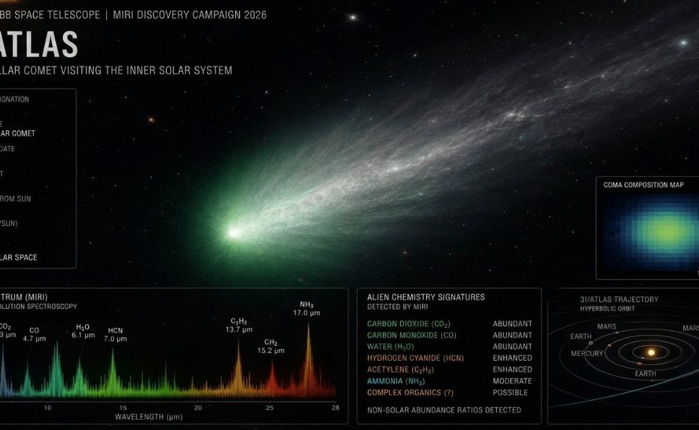 Interstellar comet 3I ATLAS traveling through the inner Solar System, observed by NASA's James Webb Space Telescope MIRI instrument, revealing unusual alien chemistry signatures and a glowing cometary coma against deep space.