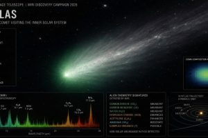 Interstellar comet 3I ATLAS traveling through the inner Solar System, observed by NASA's James Webb Space Telescope MIRI instrument, revealing unusual alien chemistry signatures and a glowing cometary coma against deep space.