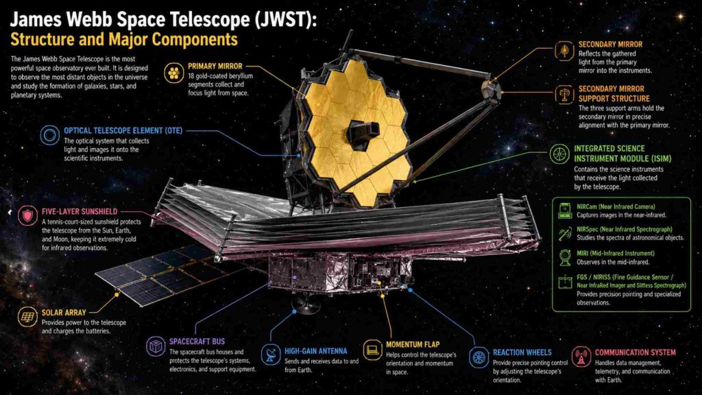 James Webb Space Telescope infographic showing the instruments used to study XMM-VID1-2075, a massive early galaxy with almost no rotation less than two billion years after the Big Bang.