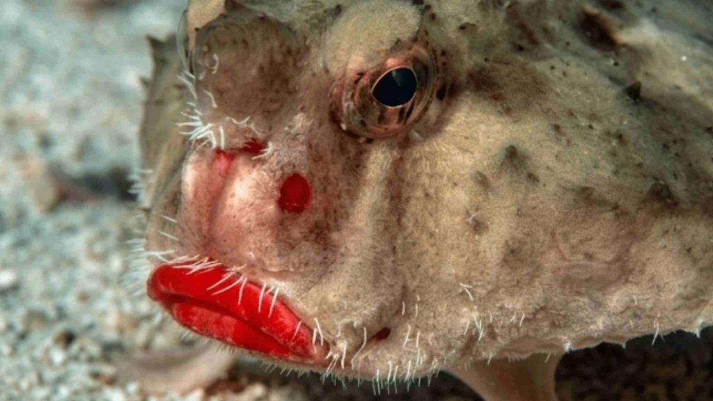 Extreme close-up of red-lipped batfish face in three-quarter profile showing vivid red lips, red cheek marking, textured mottled skin, and dark reflective eye, underwater marine environment