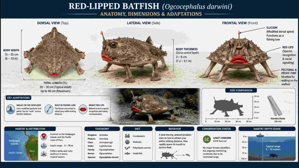 Scientific infographic of red-lipped batfish Ogcocephalus darwini showing dorsal lateral and frontal anatomical views with labeled illicium red lips and pectoral fins alongside habitat map size comparison taxonomy diet and conservation status