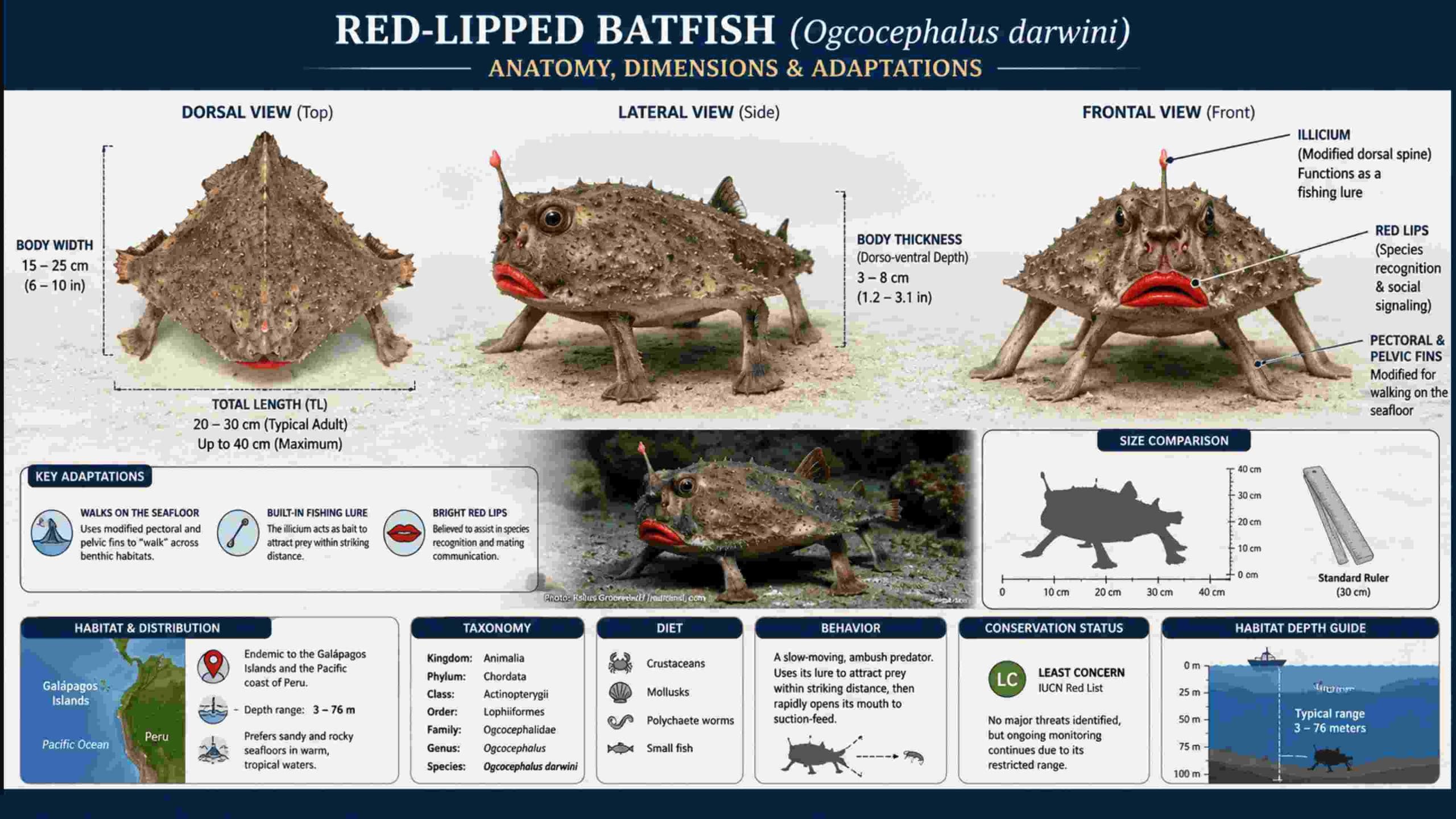 Red-Lipped Batfish Facts: Scientific Infographic of Ogcocephalus darwini Red-Lipped Batfish Facts infographic showing the anatomy, taxonomy, habitat, diet, size, distribution, and conservation status of the red-lipped batfish (Ogcocephalus darwini).