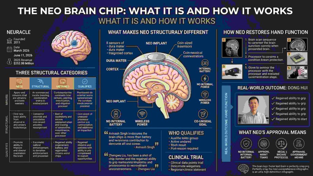 A detailed medical and business infographic explaining the NEO Brain Chip, a semi-invasive Brain-Computer Interface (BCI) placed on the dura mater to restore hand function.