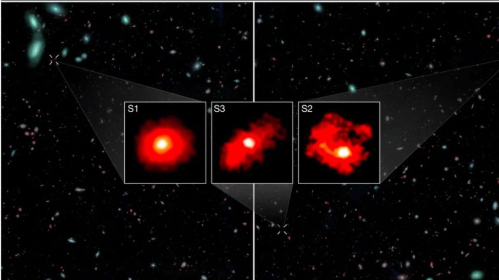 Deep-space view showing the distant galaxy XMM-VID1-2075 and nearby companion galaxies S1, S2, and S3, highlighted in red using James Webb Space Telescope observations.