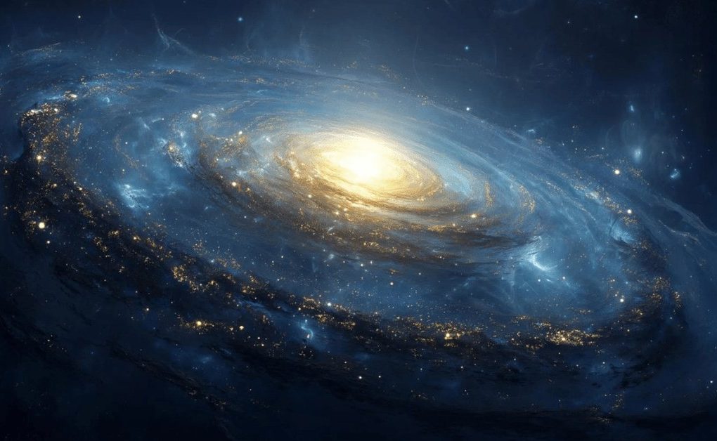Artist's illustration of the massive early galaxy XMM-VID1-2075, showing luminous spiral arms, a bright central core, and dense clusters of stars in deep space.