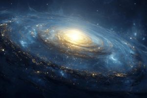 Artist's illustration of the massive early galaxy XMM-VID1-2075, showing luminous spiral arms, a bright central core, and dense clusters of stars in deep space.