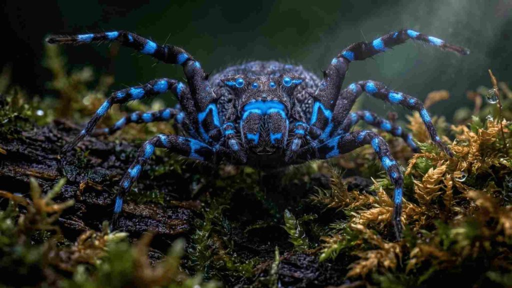 AI-generated illustration of a glowing blue spider with electric-blue markings resting on moss-covered bark in a damp forest environment.