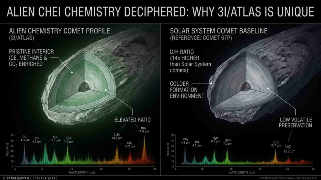 AI-generated infographic comparing interstellar comet 3I ATLAS and Comet 67P, highlighting a 14x higher deuterium-to-hydrogen ratio and elevated methane and carbon dioxide levels.