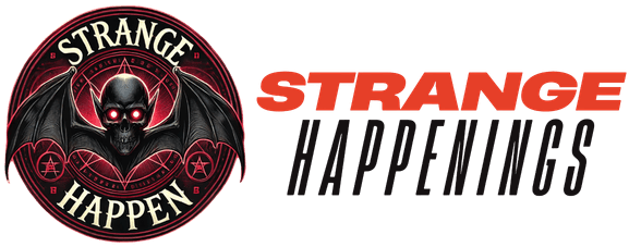 A circular eerie logo for 'Strange Happen', featuring bat-like wings, a skeletal face with glowing eyes, and gothic-style text in a dark, misty atmosphere with text strange happenings