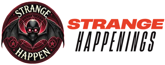 A circular eerie logo for 'Strange Happen', featuring bat-like wings, a skeletal face with glowing eyes, and gothic-style text in a dark, misty atmosphere with text strange happenings