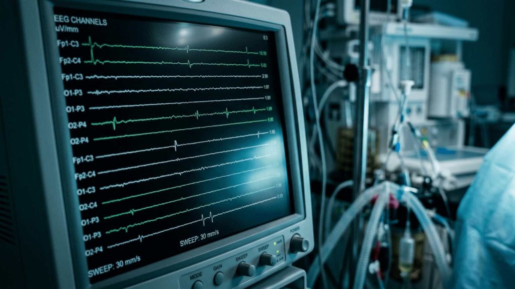 AI-generated illustration of an EEG monitor displaying near-flat brain wave channels during hypothermic cardiac arrest, the type of monitoring used in the Pam Reynolds case