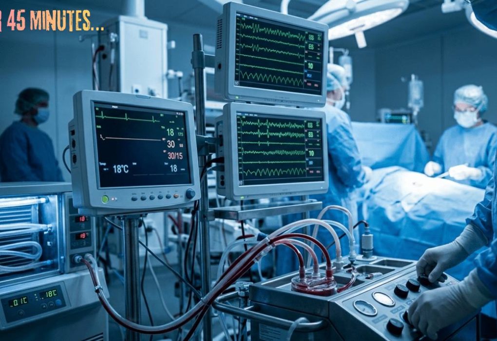 AI-generated illustration of an operating room during hypothermic cardiac arrest surgery, showing EEG monitors, a cardiopulmonary bypass machine, and cooling equipment used in the Pam Reynolds case