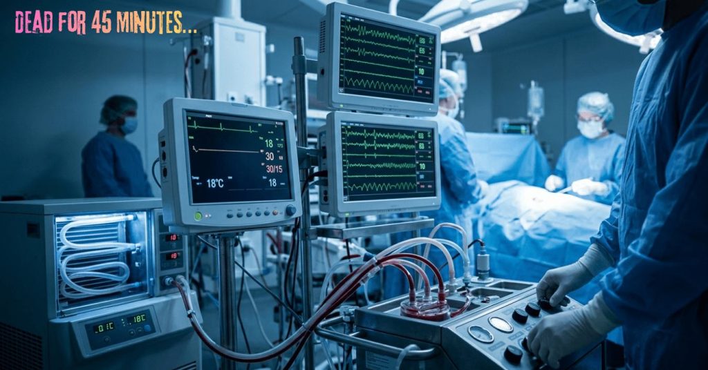AI-generated illustration of an operating room during hypothermic cardiac arrest surgery, showing EEG monitors, a cardiopulmonary bypass machine, and cooling equipment used in the Pam Reynolds case