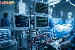 AI-generated illustration of an operating room during hypothermic cardiac arrest surgery, showing EEG monitors, a cardiopulmonary bypass machine, and cooling equipment used in the Pam Reynolds case