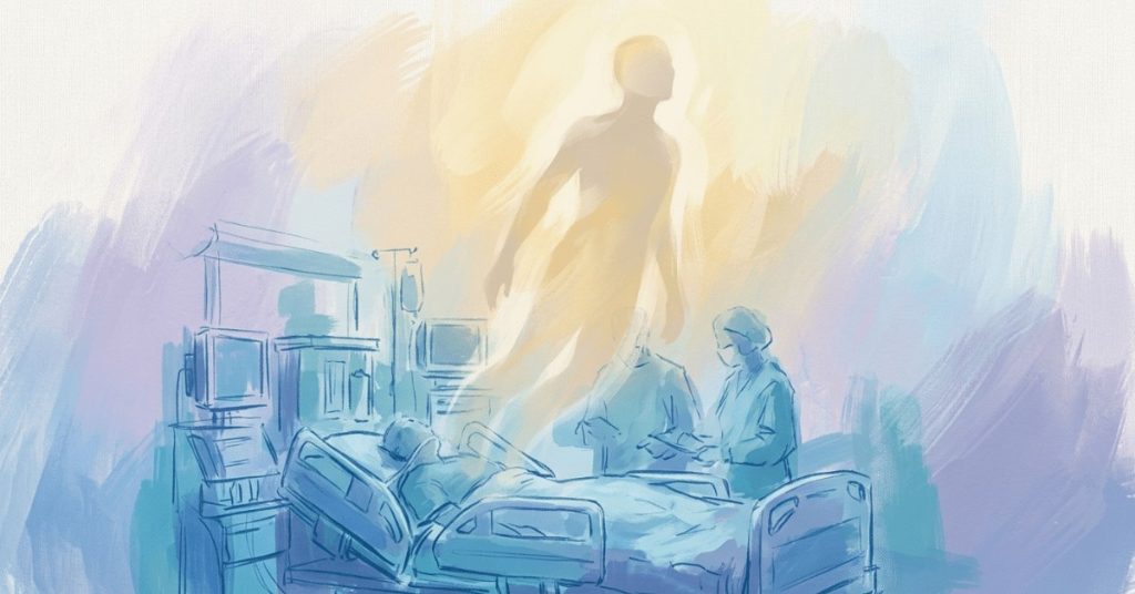 Illustration of a soul or spirit rising above the body during an out-of-body near-death experience, based on the Pam Reynolds case