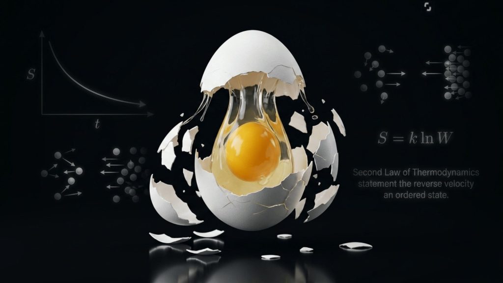 Cracked egg reassembling itself, illustrating the classical arrow of time referenced in the quantum arrow of time reversed research
