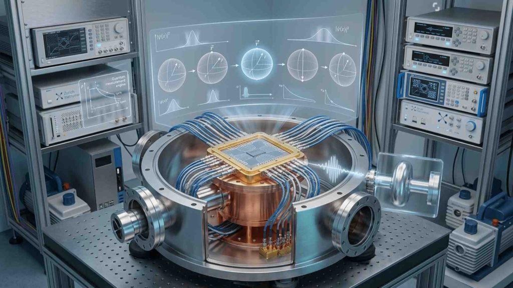 Illustration of a quantum measurement engine extracting energy from observation, part of the research behind the quantum arrow of time reversed