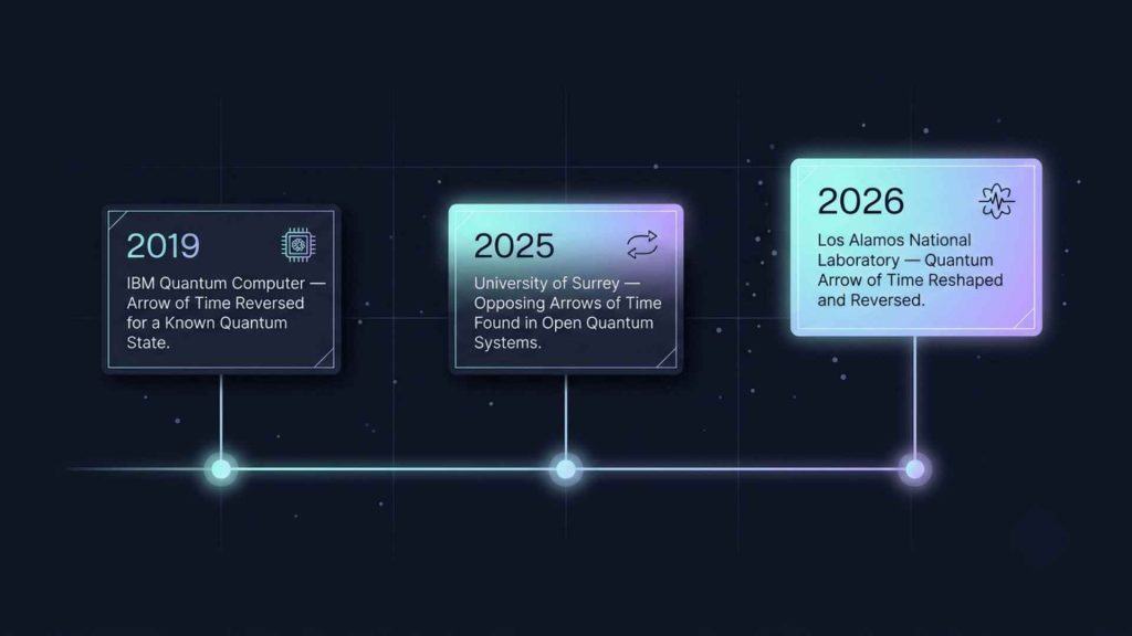 Timeline showing three milestones in the quantum arrow of time reversed research: 2019 IBM, 2025 University of Surrey, and 2026 Los Alamos
