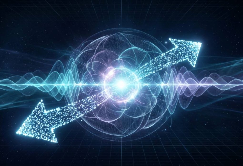 Glowing orb symbolizing the quantum arrow of time reversed, with two diagonal light arrows and blue-violet wave patterns against a dark space background