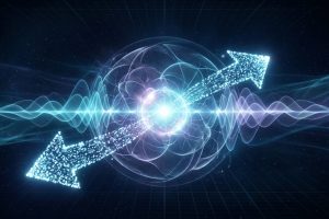Glowing orb symbolizing the quantum arrow of time reversed, with two diagonal light arrows and blue-violet wave patterns against a dark space background