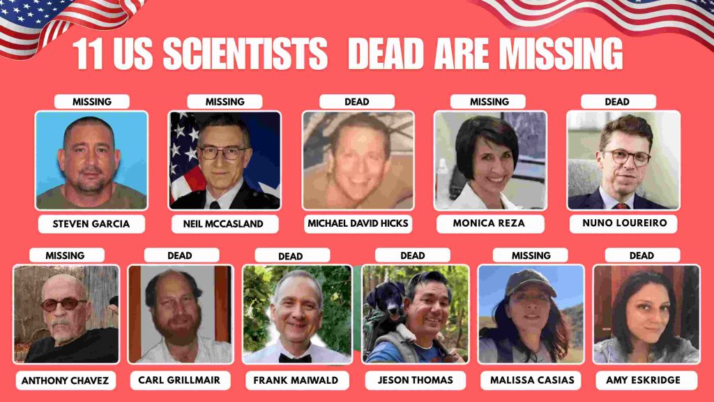Infographic of 11 US scientists reported missing or dead in 2026, sourced from Fox News