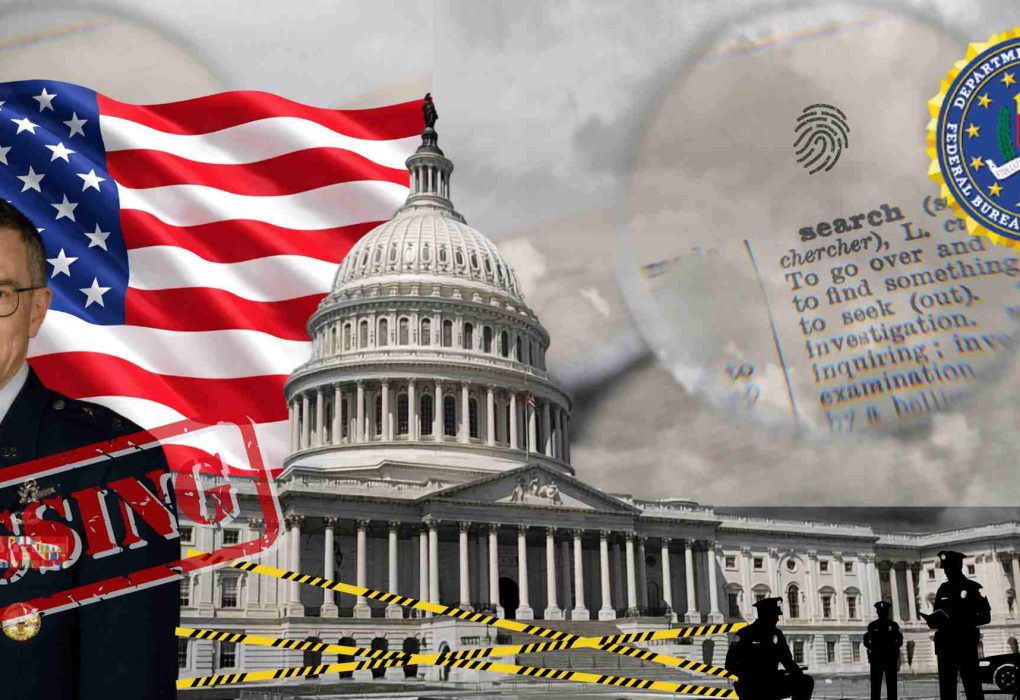 Scientists Missing featured image showing an official military portrait, the U.S. Capitol, FBI seal, forensic fingerprint, investigation document, and crime scene tape.