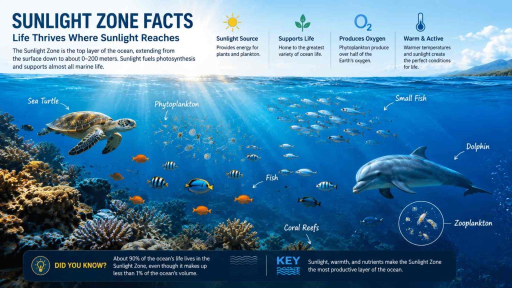Sunlight Zone facts illustrated with marine animals including fish, sea turtles, dolphins, coral reefs, and plankton living near the ocean surface.