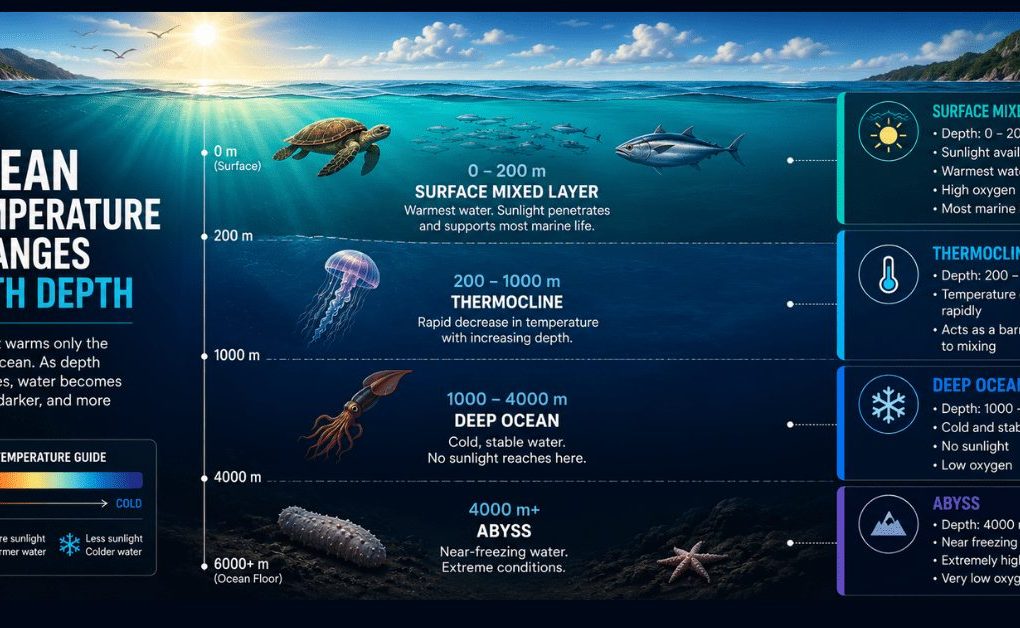 Cross-section of the ocean showing the Sunlight Zone facts and how water temperature decreases from the warm surface to the cold deep ocean.