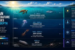 Cross-section of the ocean showing the Sunlight Zone facts and how water temperature decreases from the warm surface to the cold deep ocean.