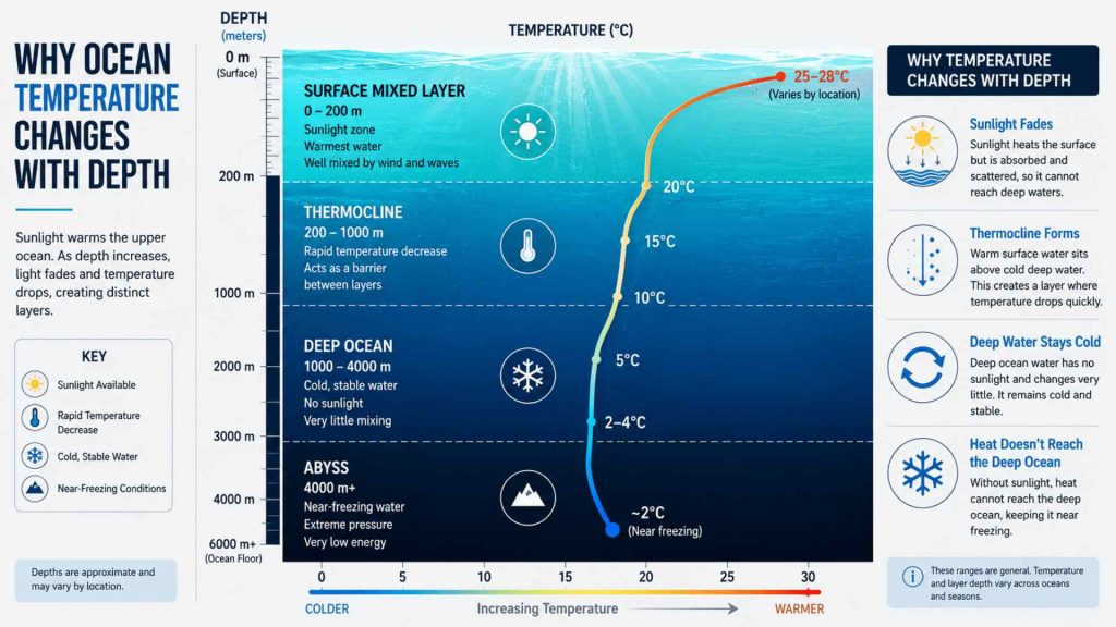Ocean temperature profile showing the Sunlight Zone, thermocline, deep ocean, and how water temperature changes with depth.