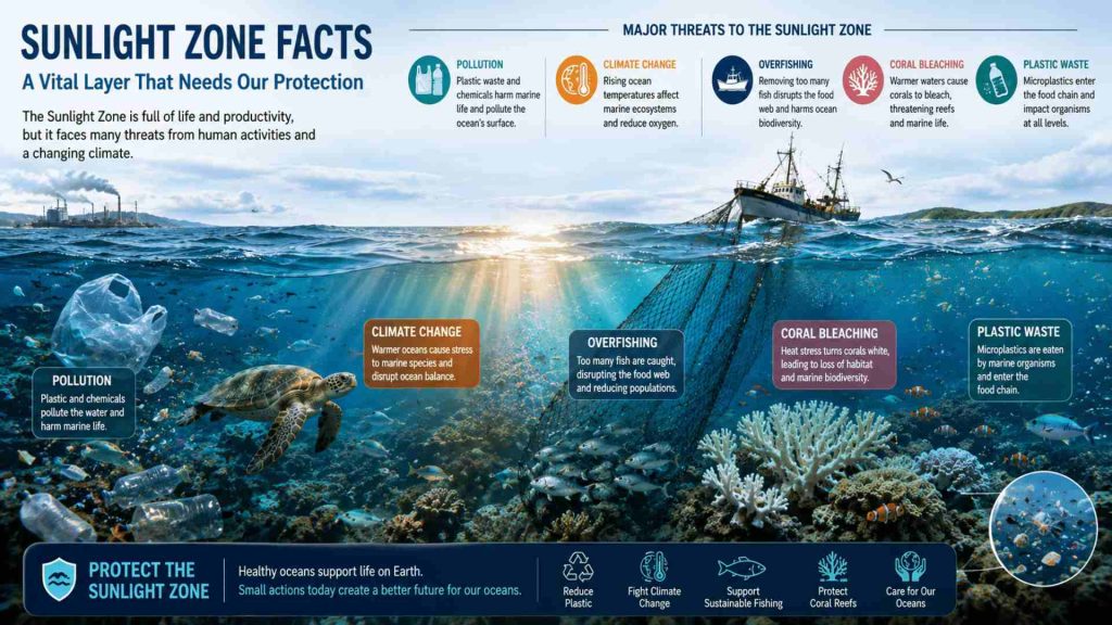 Sunlight Zone facts showing the effects of plastic pollution, coral bleaching, warming oceans, and overfishing in the ocean's surface waters.