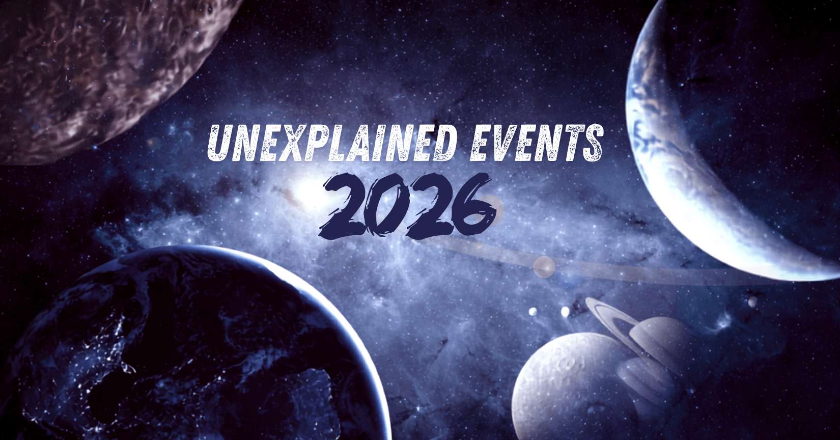 Cinematic deep space nebula with planets and bold Unexplained Events 2026 title text