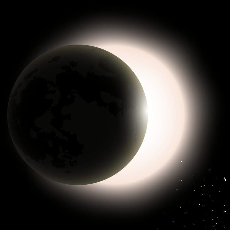 Unexplained Events 2026: minimalist illustration of a solar eclipse with the moon's silhouette and a glowing crescent of sunlight