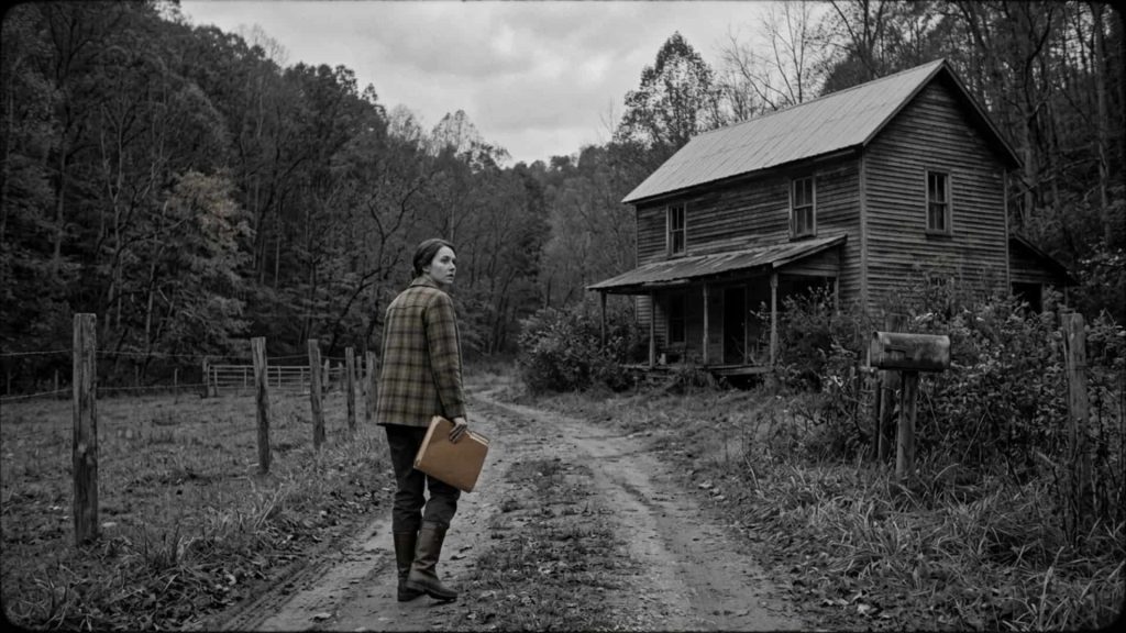 A Social Worker's Approach: Recreating the 1976 Investigation of the Fudler Clan A black and white, cinematic photograph of a female social worker in a plaid jacket, walking along a dirt path towards a dilapidated, two-story wooden farmhouse. She carries a case file and looks back cautiously, against a backdrop of dense, overgrown Appalachian hills. The image is a fictional recreation of a 1976 investigation scene, not a real historical document.