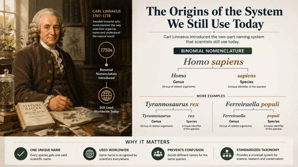 How Scientists Name a New Species: The Origins of Binomial Nomenclature Educational infographic explaining how scientists name a new species through binomial nomenclature, featuring Carl Linnaeus and examples of genus and species names.