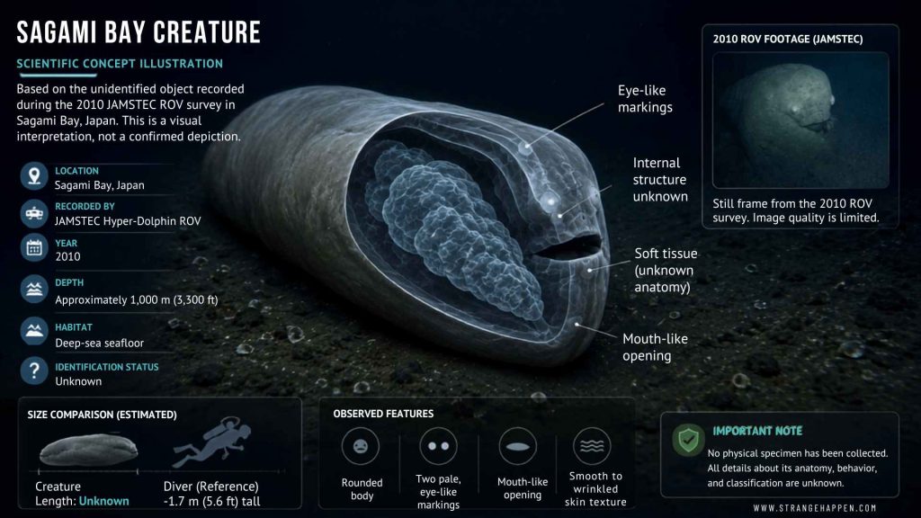 Scientific concept illustration of the mysterious Sagami Bay creature based on the unidentified object recorded during JAMSTEC's 2010 deep-sea expedition.