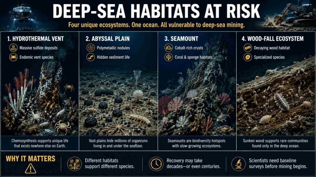 Deep-Sea Mining Habitats: Comparing the Ocean Ecosystems Most at Risk Infographic comparing four deep-sea mining habitats: hydrothermal vents, abyssal plains, seamounts, and wood-fall ecosystems with their unique marine life and mineral resources.