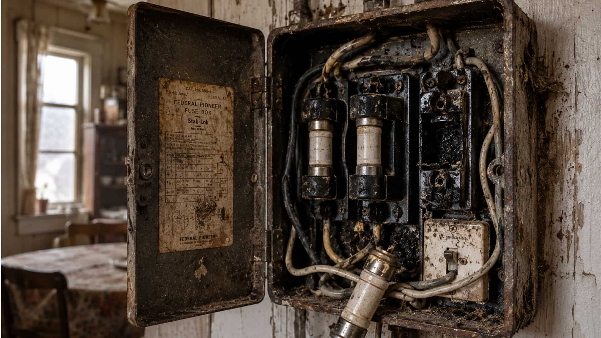 Bell Island Boom: AI Reconstruction of Reported 1978 Fuse Box Damage AI-generated informational reconstruction of a 1978 farmhouse fuse box reportedly damaged during the Bell Island Boom in Newfoundland