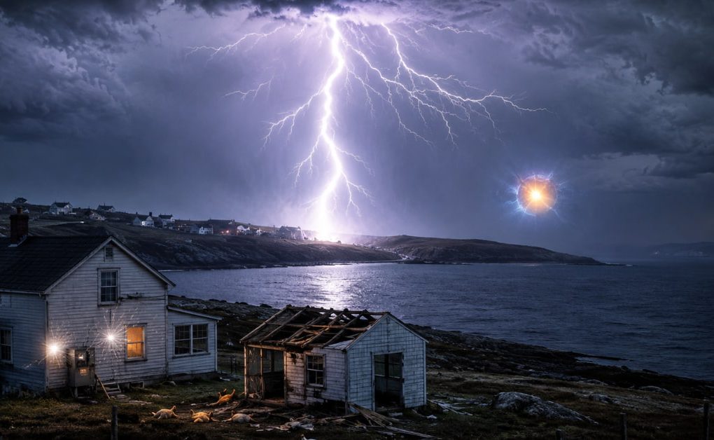 AI-generated infographic illustrating the 1978 Bell Island Boom in Newfoundland, showing a powerful superbolt lightning strike, damaged farmhouse, coastal landscape, and mysterious glowing light