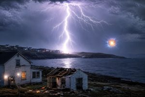 AI-generated infographic illustrating the 1978 Bell Island Boom in Newfoundland, showing a powerful superbolt lightning strike, damaged farmhouse, coastal landscape, and mysterious glowing light