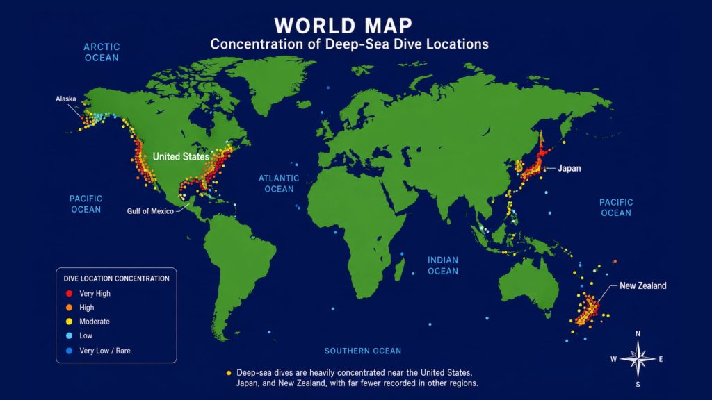 World Map of Deep-Sea Dive Locations World map showing the concentration of deep-sea dive locations near the United States, Japan, and New Zealand