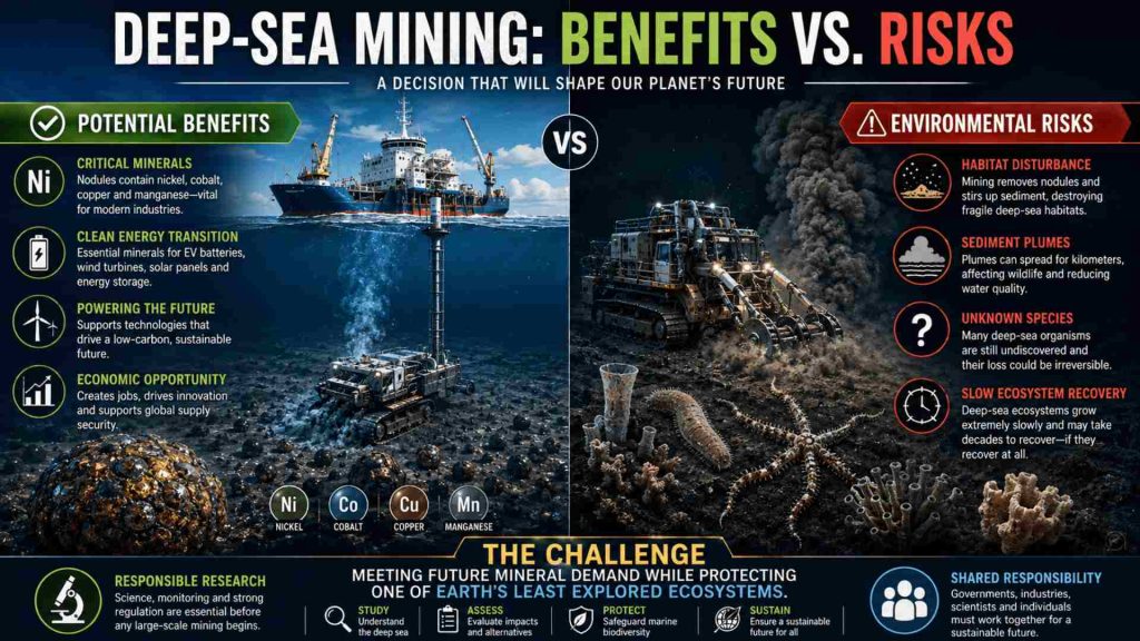 Split infographic comparing the potential benefits and environmental risks of deep-sea mining, including critical minerals, clean energy technologies, habitat disturbance, unknown species, and slow ecosystem recovery.