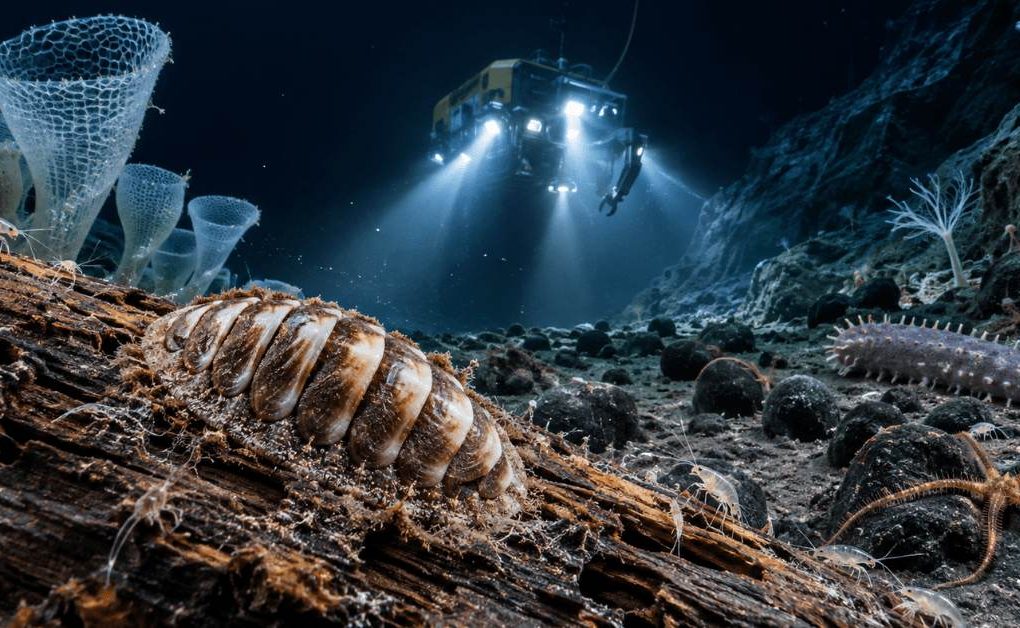 Ferreiraella populi resting on a decaying log nearly 4,800 meters below the surface during a deep-sea mining research expedition in Japan's Izu-Ogasawara Trench.