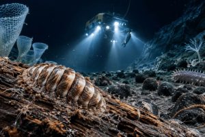 Ferreiraella populi resting on a decaying log nearly 4,800 meters below the surface during a deep-sea mining research expedition in Japan's Izu-Ogasawara Trench.