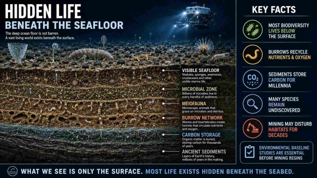 Deep-Sea Mining and the Hidden Biodiversity Beneath the Seafloor X-ray infographic showing the hidden biodiversity beneath a deep-sea mining site, including microbes, sediment worms, burrow networks, polymetallic nodules, and abyssal seafloor habitats.