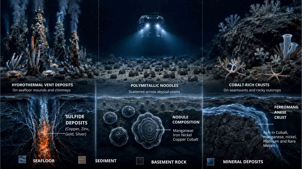 Deep-Sea Mining: X-Ray View of a Hydrothermal Vent Ecosystem X-ray style cutaway showing a hydrothermal vent ecosystem that could be affected by deep-sea mining, including vent chimneys, chemosynthetic bacteria, tube worms, vent crabs, mollusks, and mineral deposits beneath the seafloor.