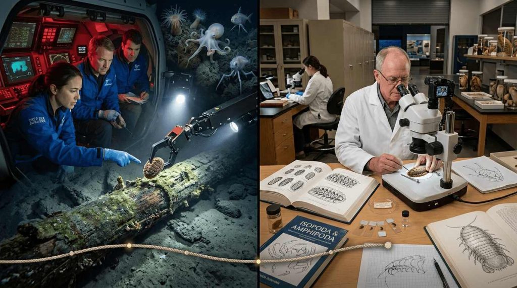 How Scientists Name a New Species: From Deep-Sea Discovery to Lab Description Split image of a deep-sea expedition team collecting a new species specimen with a submersible robotic arm, alongside a taxonomist examining it under a microscope in the lab — how scientists name a new species from discovery to formal description.