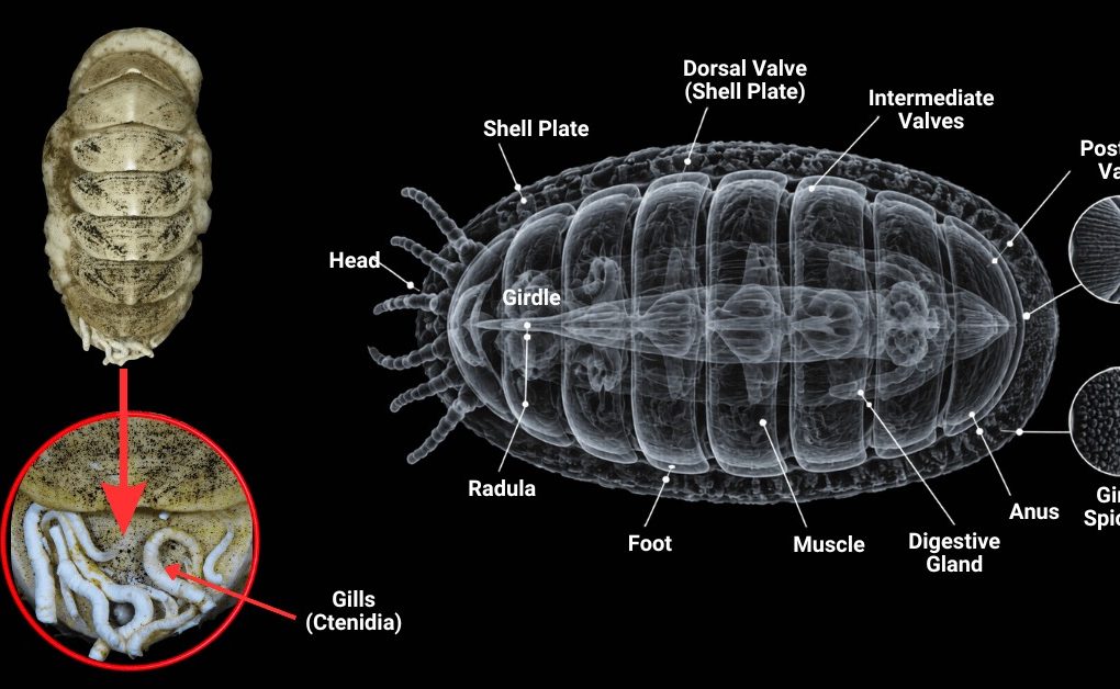 Ferreiraella populi specimen photo and labeled anatomy diagram showing shell plates, radula, and tail-valve worms